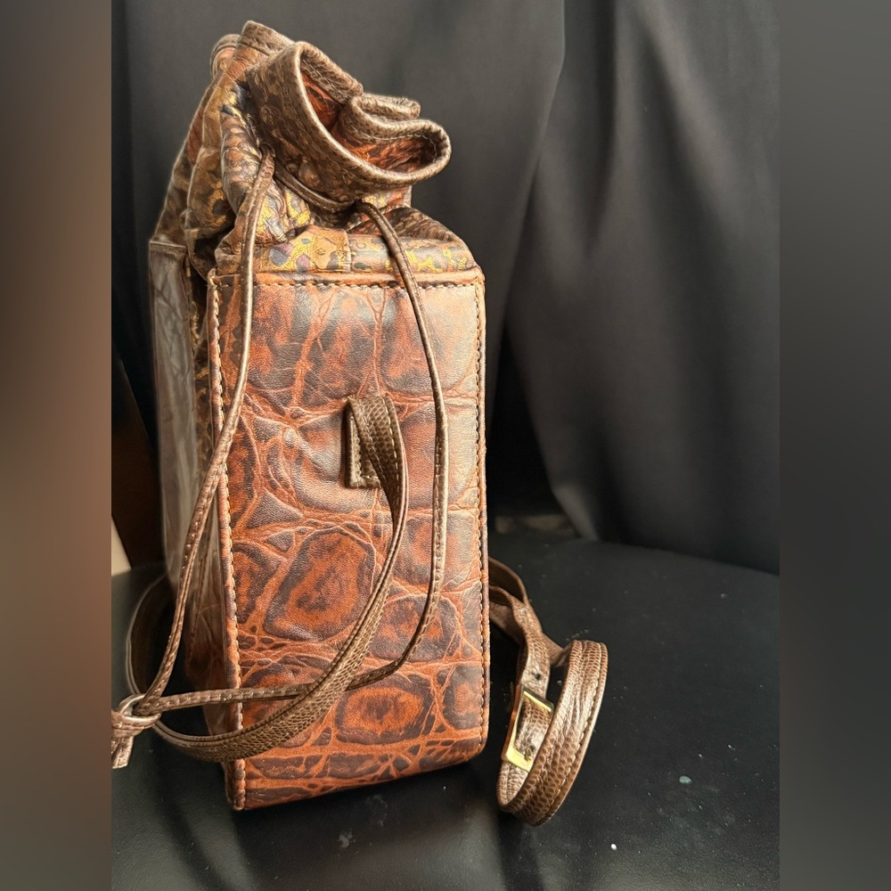 80s Brown Leather Box Bag Reptile Embossed Marble Ruched Drawstring Crossbody - Picture 4 of 8